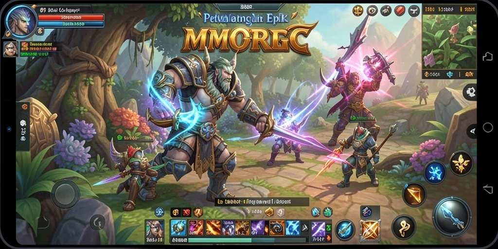 Tangkapan layar utama menampilkan pemain beraksi dalam pertempuran epik MMORPG.