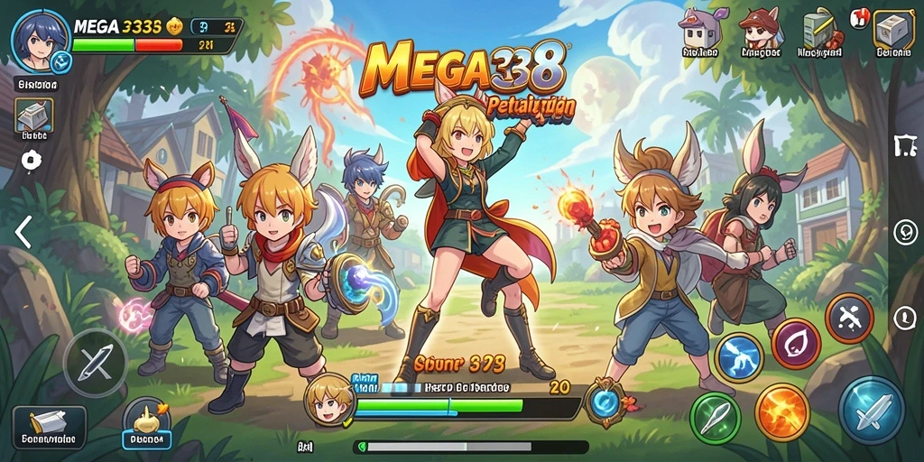 Tampilan gameplay seru MEGA338 dengan karakter anime yang hidup.